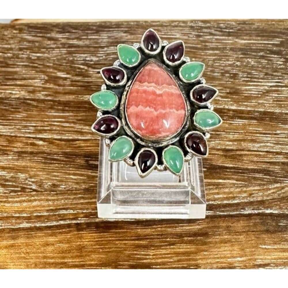 Rhodochrosite Garnet and Tourmaline Sterling Silver Flower Cluster Ring 7